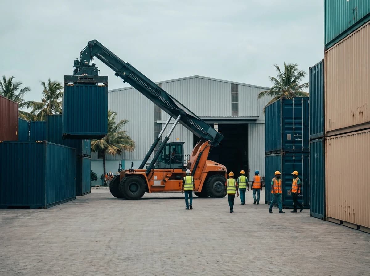 Reach stacker lifting a shipping container in a container yard