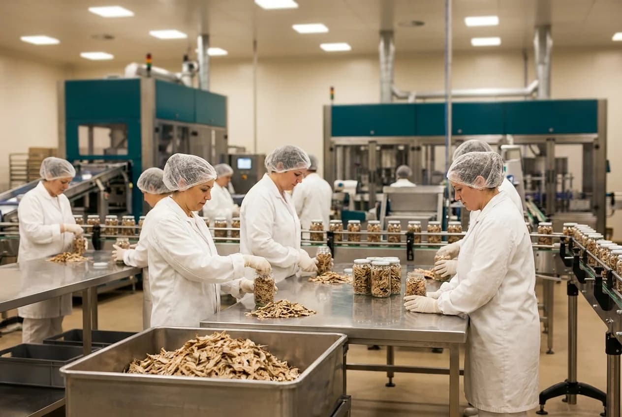 Workers in white coats packing dried fish in a food production facility