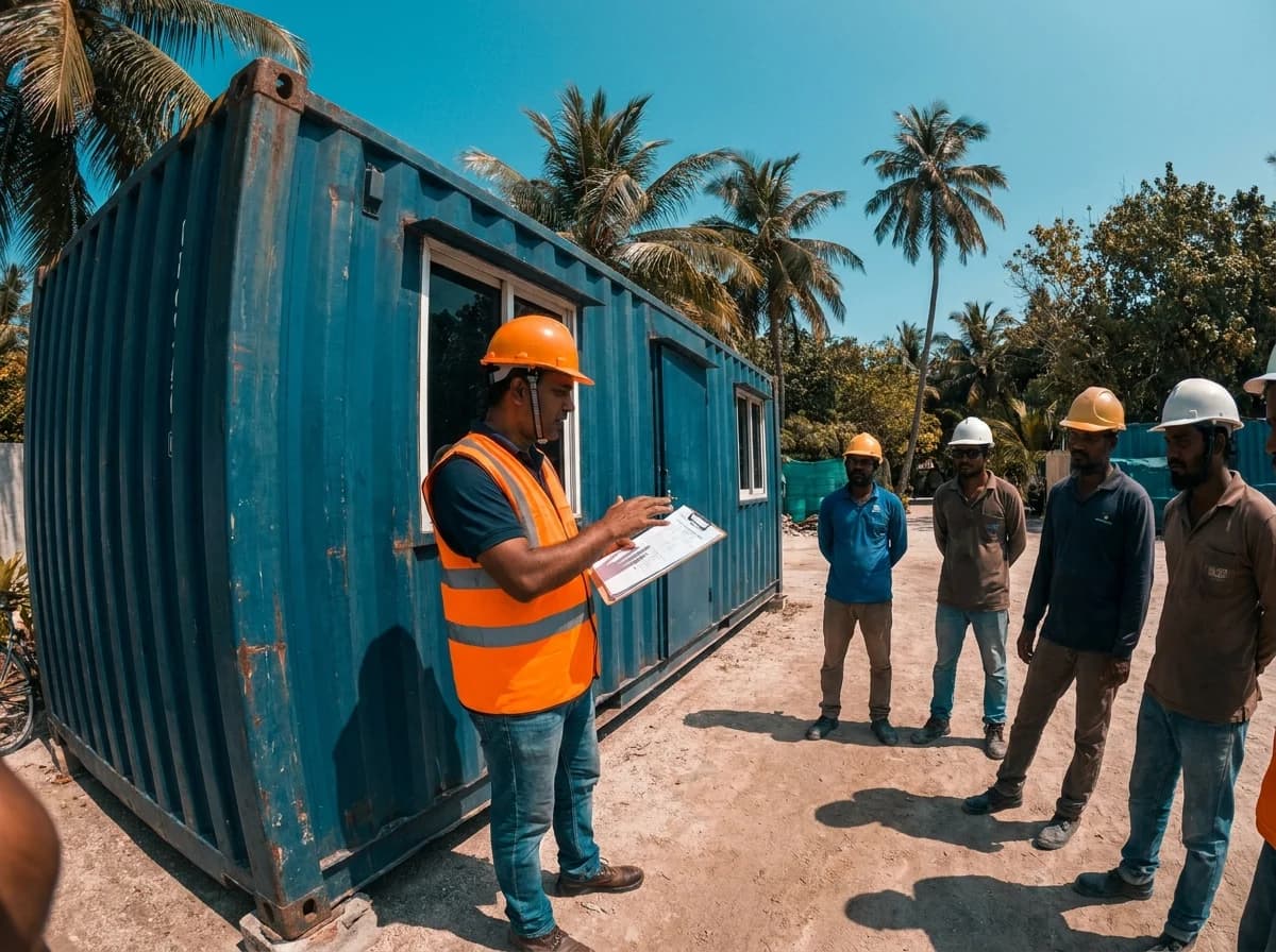 Site supervisor briefing a construction crew beside a site office